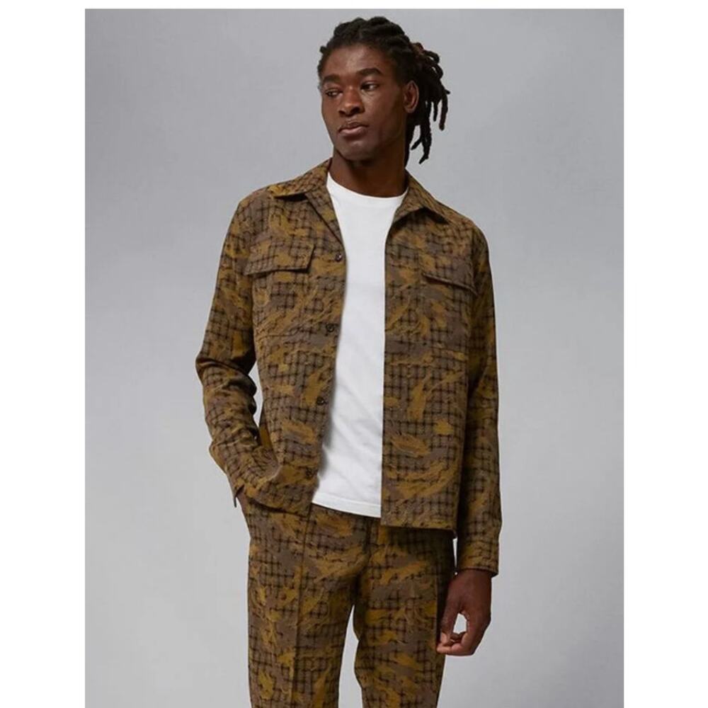 NWT J.Lindeberg Mens Reid Camo Check Jacquard Shirt, Daylily, Large, 400$